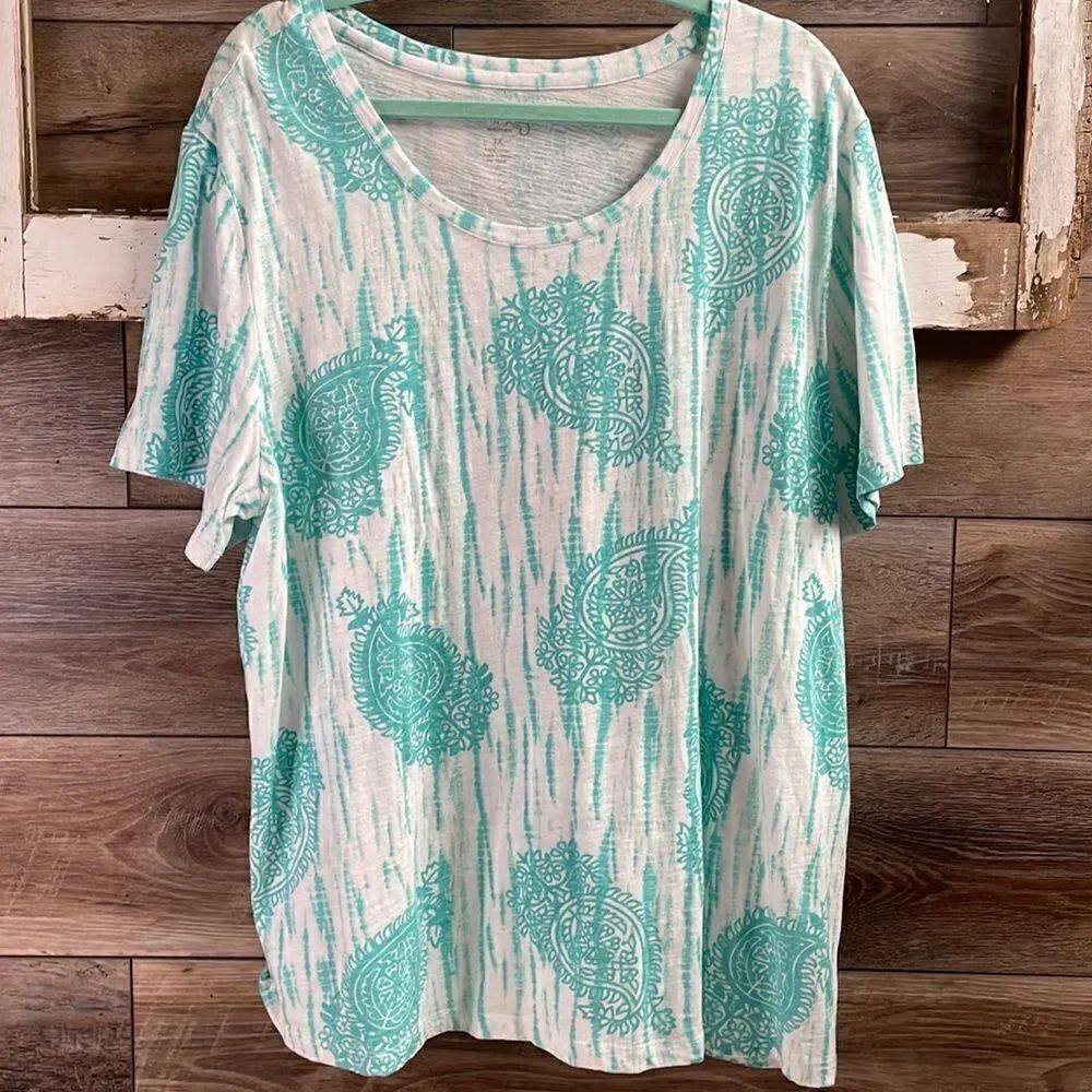 Coral Bay Women’s Scoop Neck Short Sleeve Paisley White Teal Cotton Top Size 1X